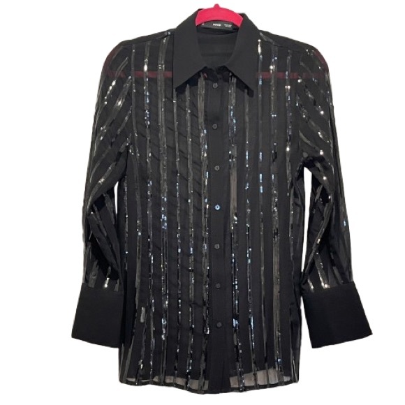 Mango- Black Sequins Button Down Top. Size: XS - Picture 8 of 10